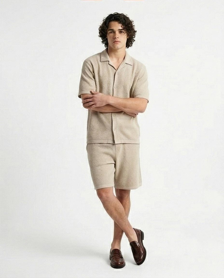 Oatmeal Textured Knit Camp Collar Shirt – Old Money Collection - R217142