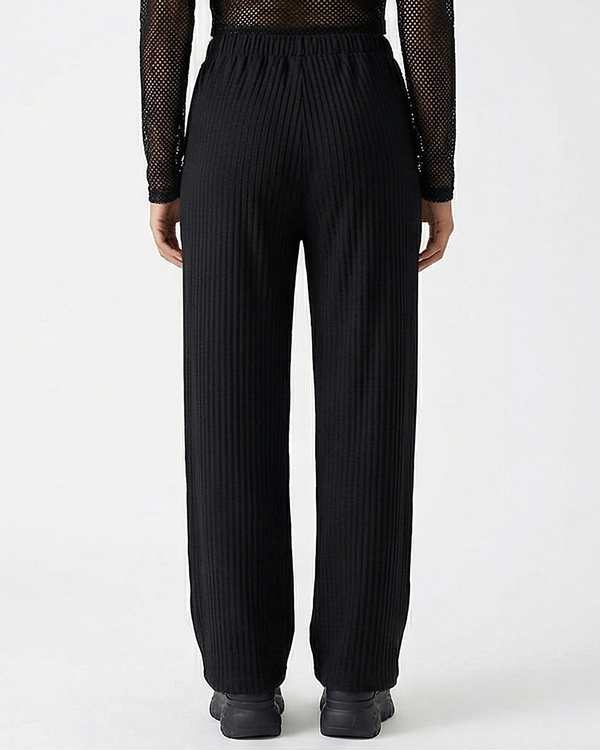 Ribbed Wide-Leg High-Waisted Trousers - Black