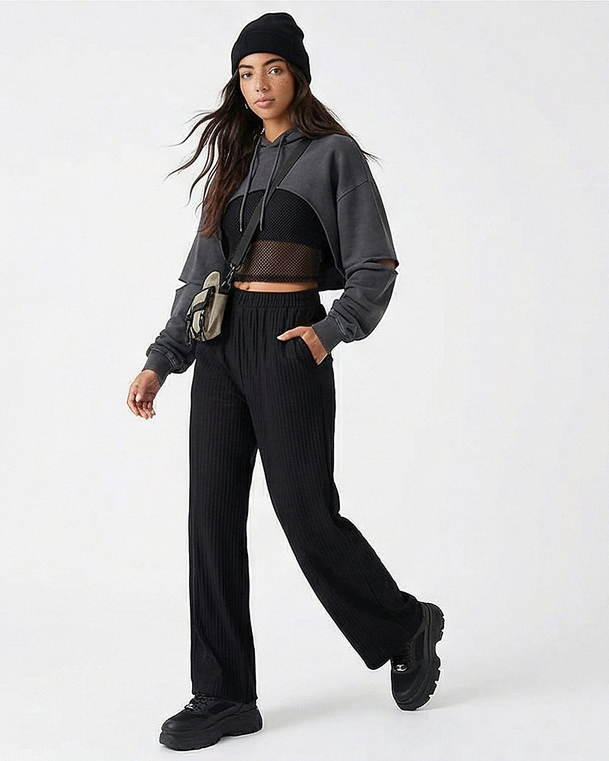 Ribbed Wide-Leg High-Waisted Trousers - Black