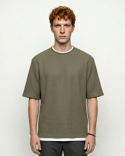 Ravin Olive Waffle-Knit Oversized Tee – Textured Streetwear Essential - R217155