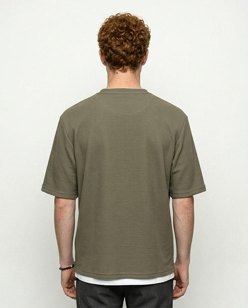 Ravin Olive Waffle-Knit Oversized Tee – Textured Streetwear Essential - R217155