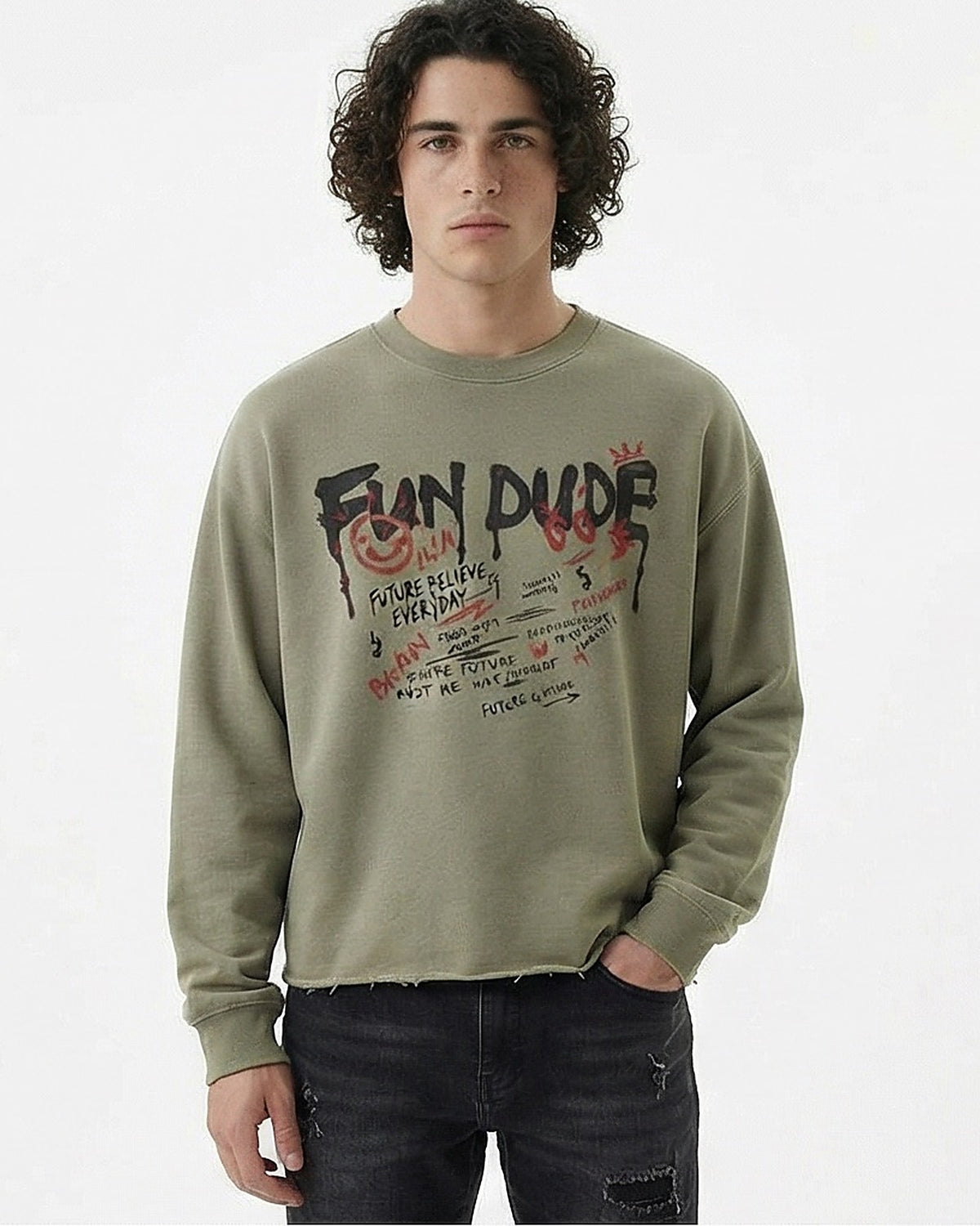 تي شيرت كاكي بكم طويل بطبعة "Fun Dude" وحافة خام - R217158