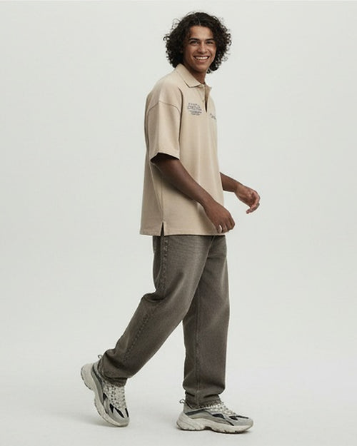 Stone Oversized Relaxed Fit Embroidered Polo Shirt - R217159