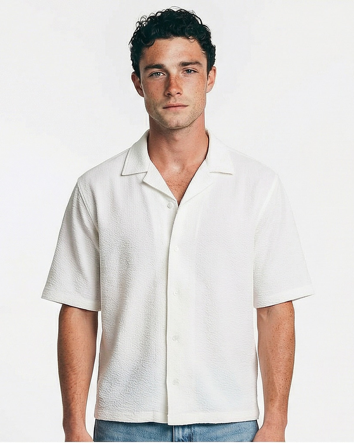 Off-White Textured Camp Collar Short Sleeve Shirt - R217166