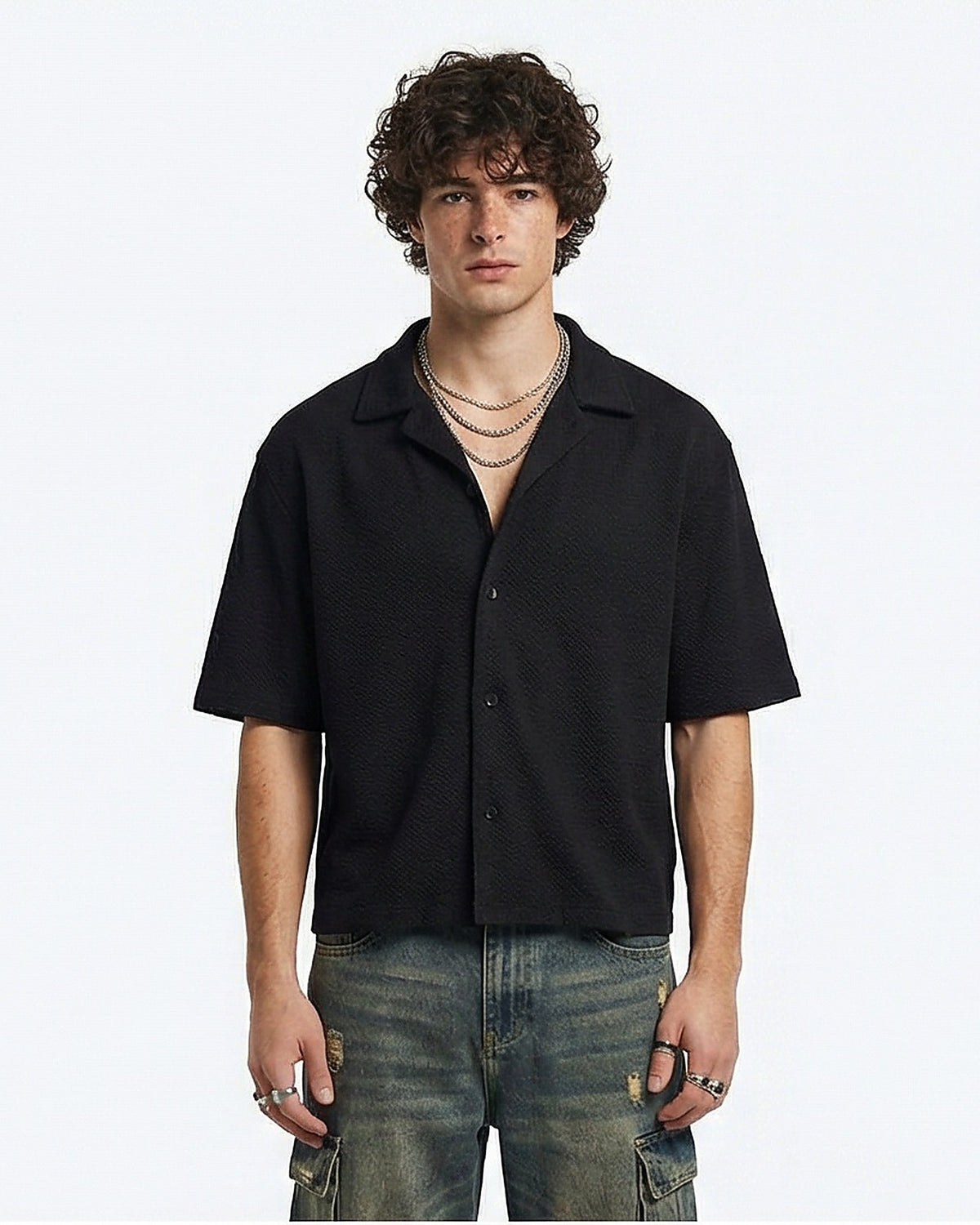 Noir Textured Camp Collar Resort Shirt -  R217167