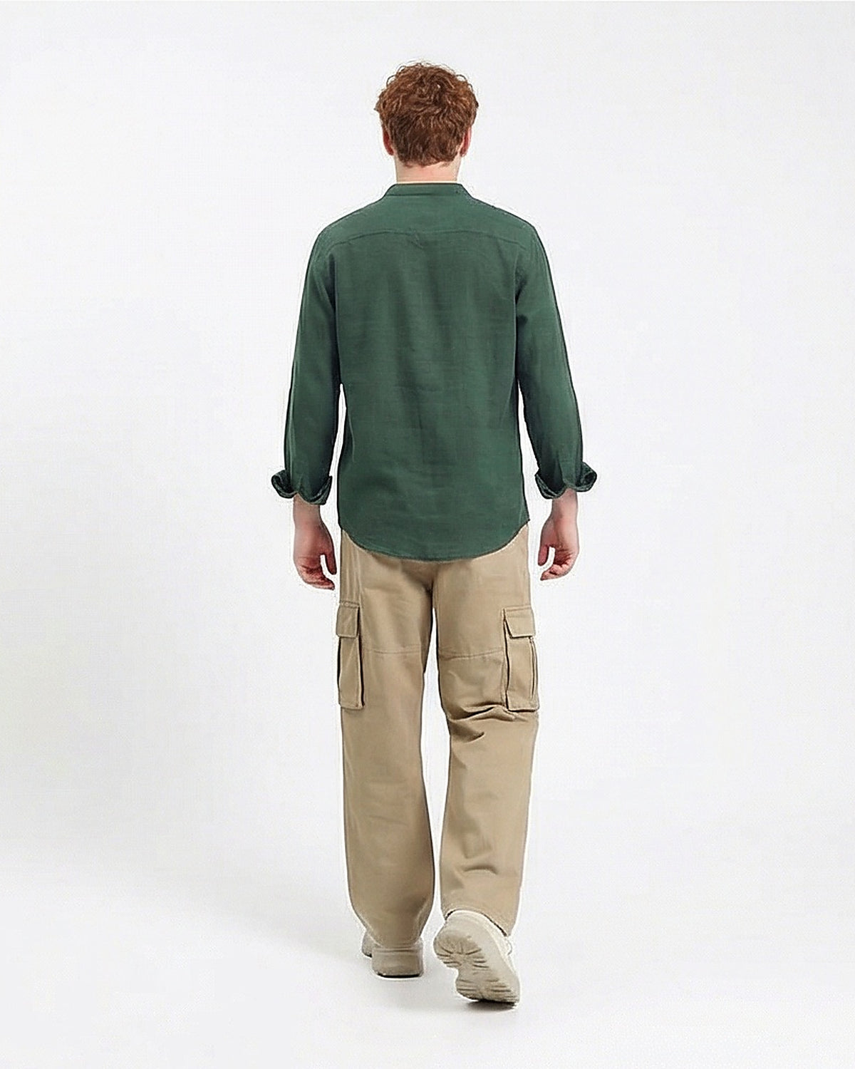 Forest Green Mandarin Collar Linen-Blend Shirt