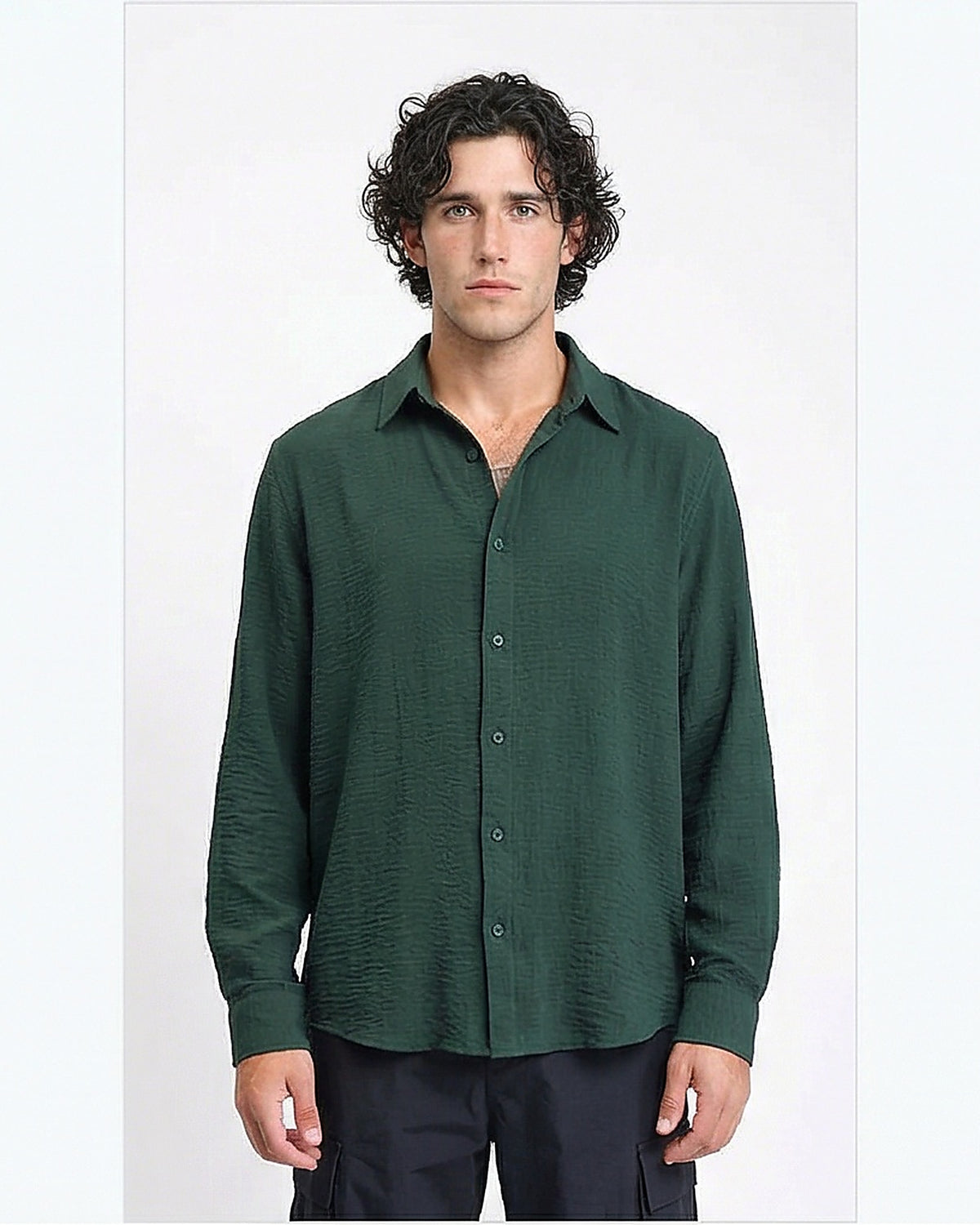 Forest Green Textured Relaxed Fit Long Sleeve Shirt - R217175