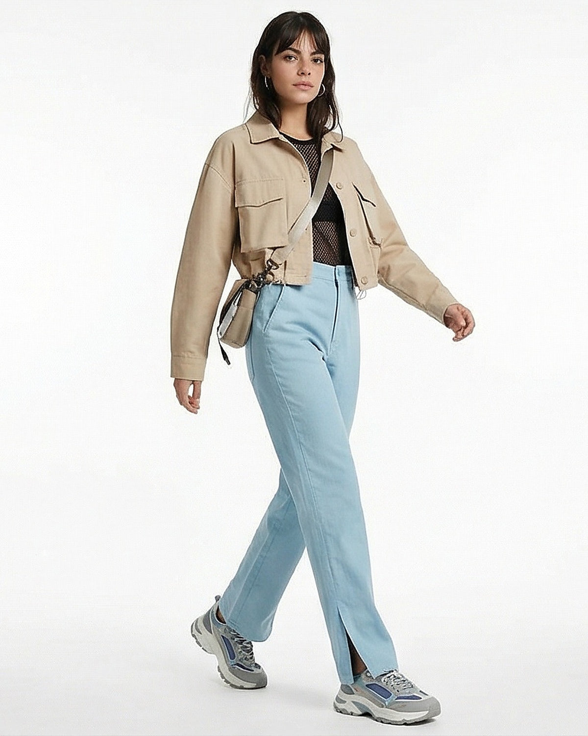 Sky Blue High-Waisted Straight Leg Trousers with Hem Slits - R217215