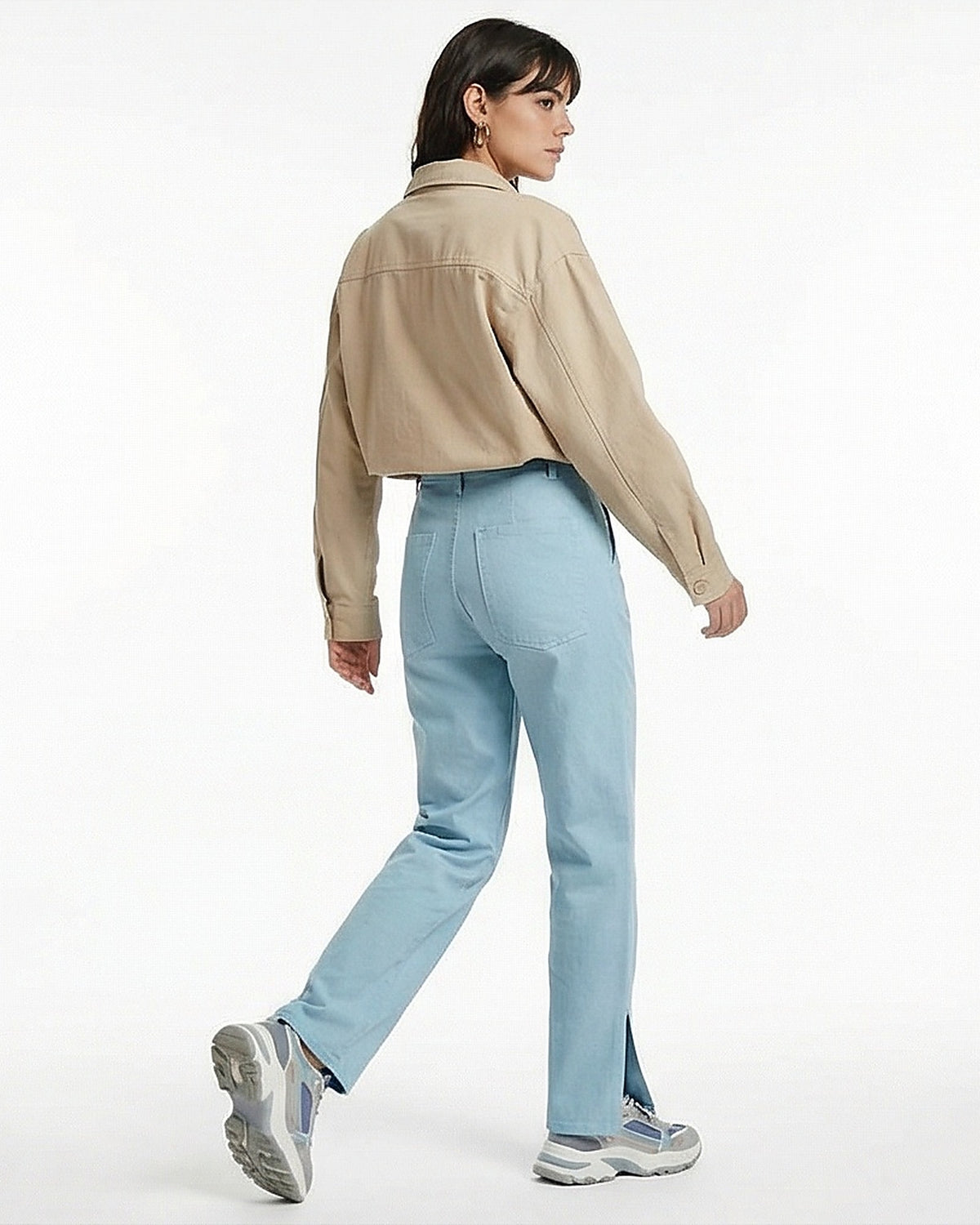 Sky Blue High-Waisted Straight Leg Trousers with Hem Slits - R217215