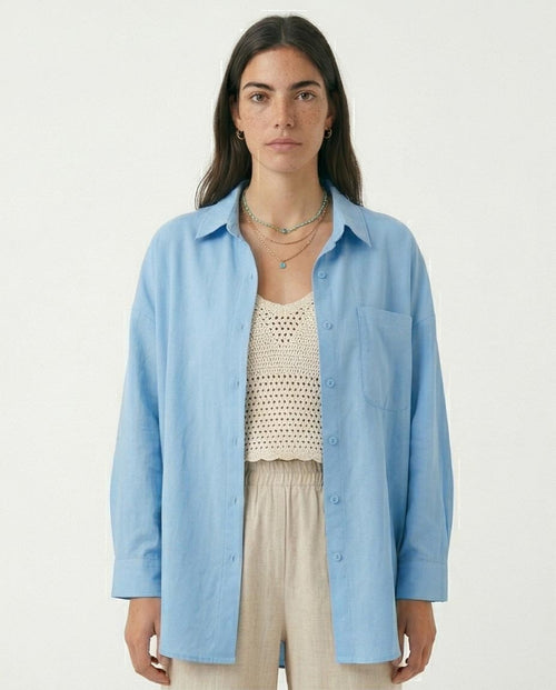 Ravin Oversized Box-Pleat Azure Button-Down Shirt in Sky Blue - R217216