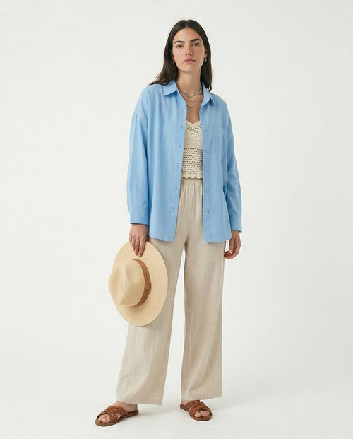 Ravin Oversized Box-Pleat Azure Button-Down Shirt in Sky Blue - R217216