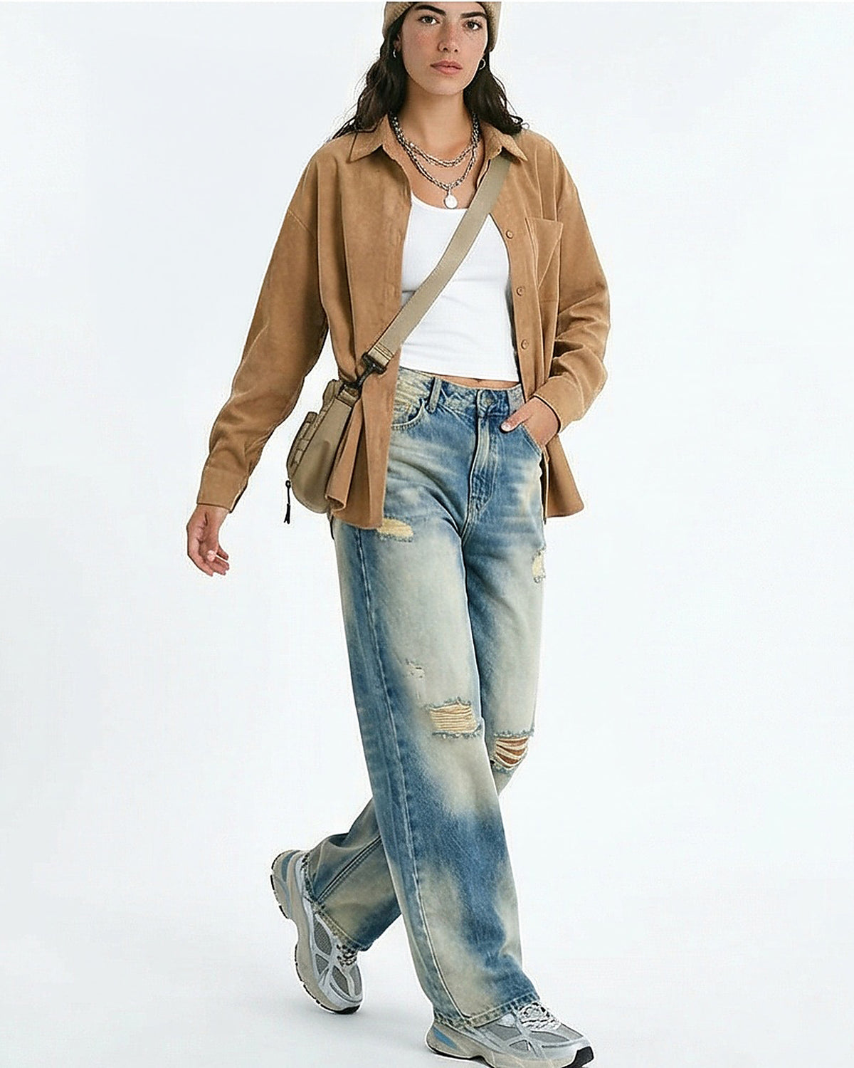 Camel Corduroy Oversized Button-Down Shirt - R217218