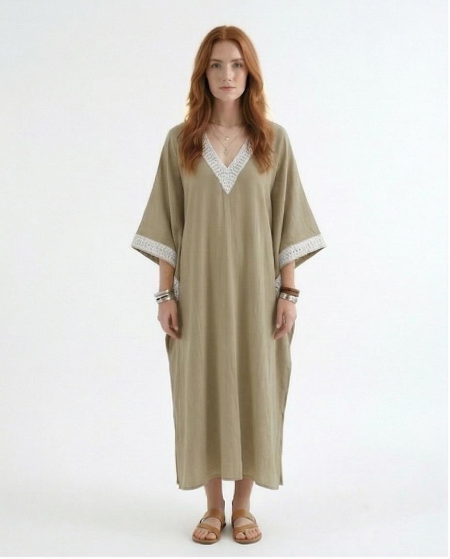 Embroidered V-Neck Kaftan Maxi Dress – Light Khaki - R217237