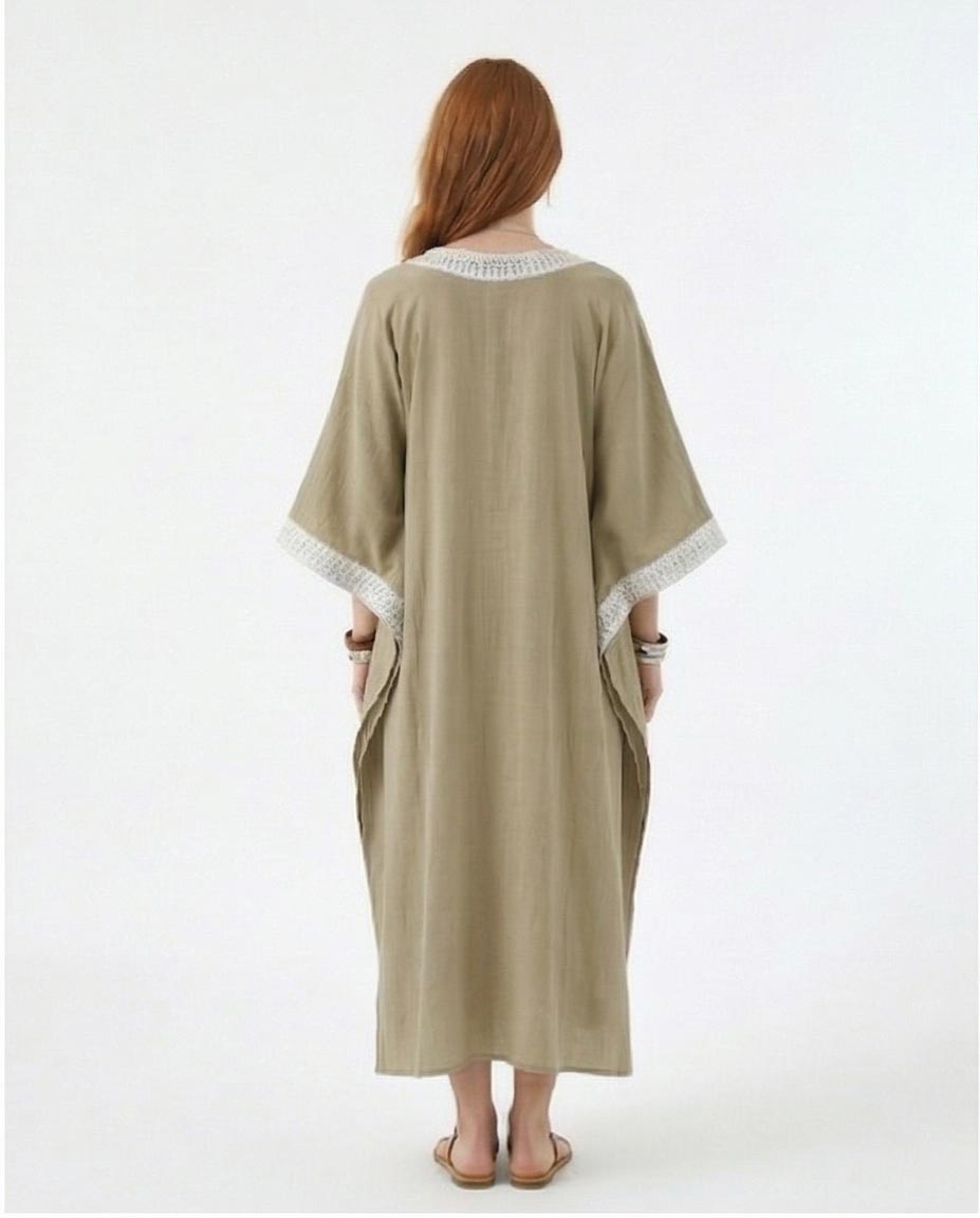 Embroidered V-Neck Kaftan Maxi Dress – Light Khaki - R217237