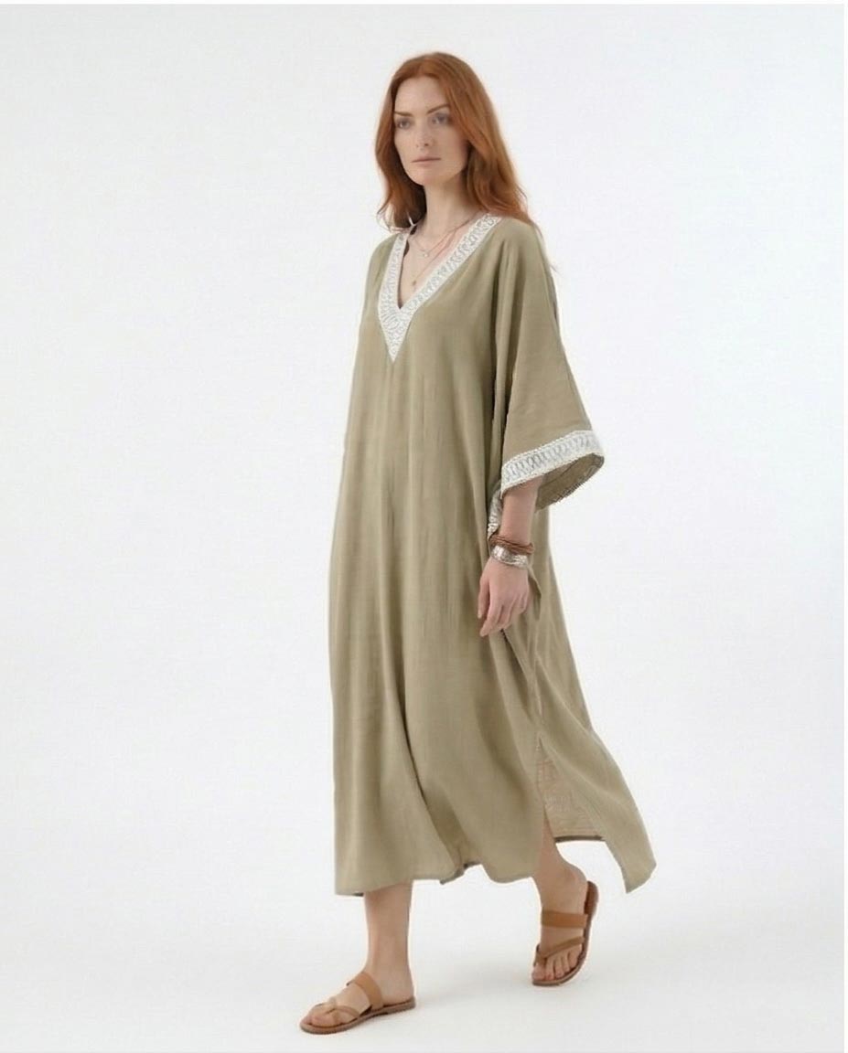 Embroidered V-Neck Kaftan Maxi Dress – Light Khaki - R217237