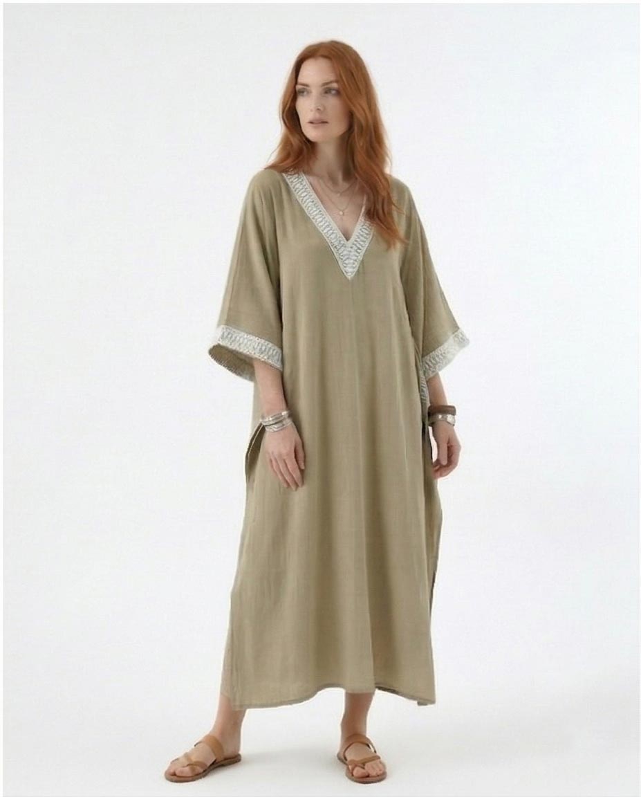 Embroidered V-Neck Kaftan Maxi Dress – Light Khaki - R217237