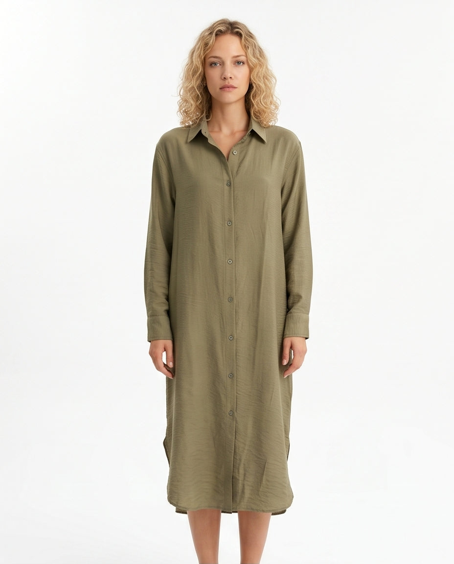 Olive Linen Oversized Maxi Tunic Shirt - R217240