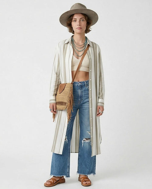 Ravin Women Striped Maxi Tunic Shirt with Deep Side Slits - R217240