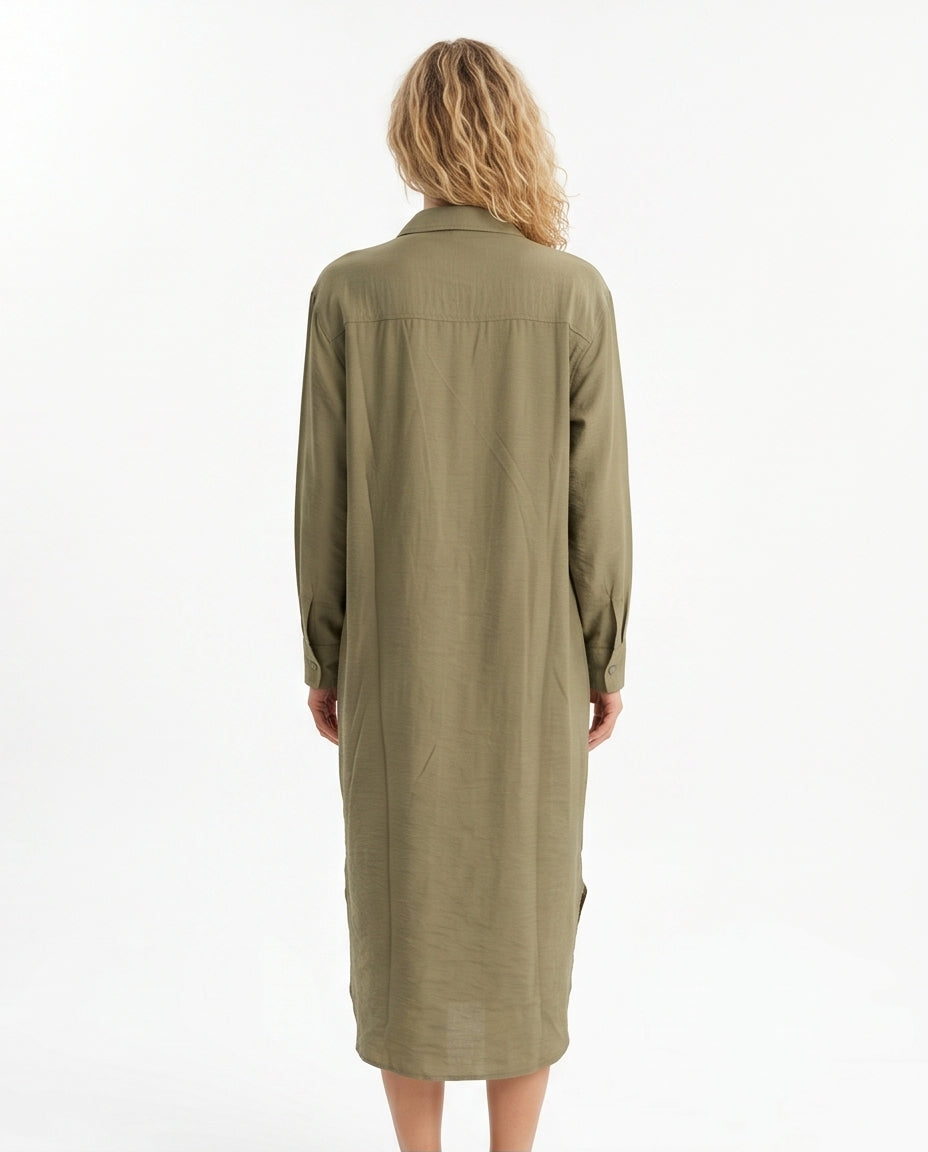 Olive Linen Oversized Maxi Tunic Shirt - R217240