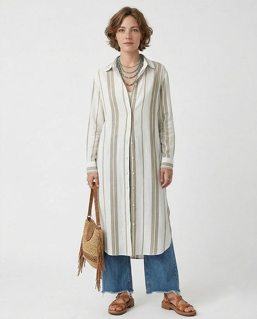Ravin Women Striped Maxi Tunic Shirt with Deep Side Slits - R217240