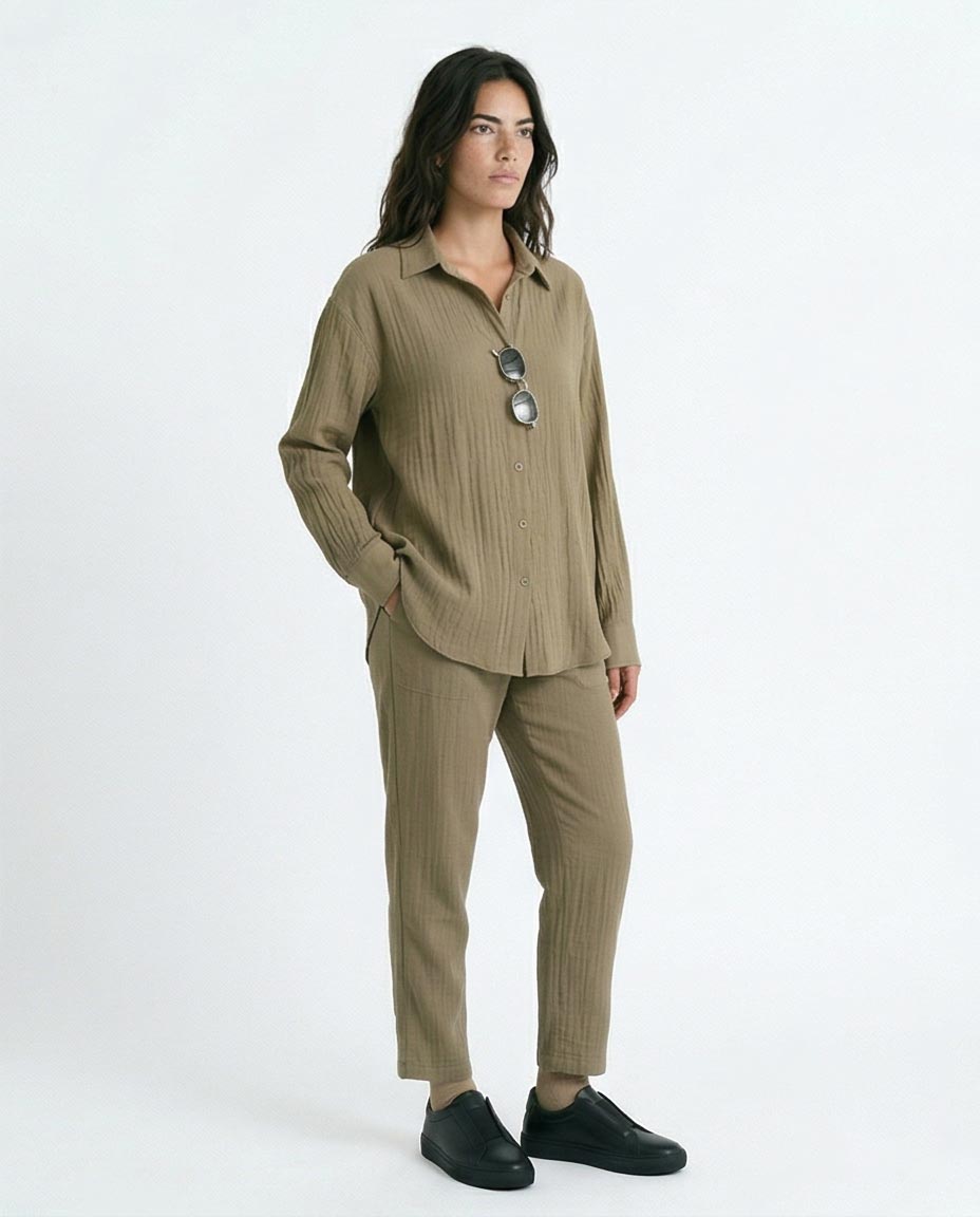 Ravin Elastic Waist Crinkle Plissé Straight-Leg Pants – Olive - R217294