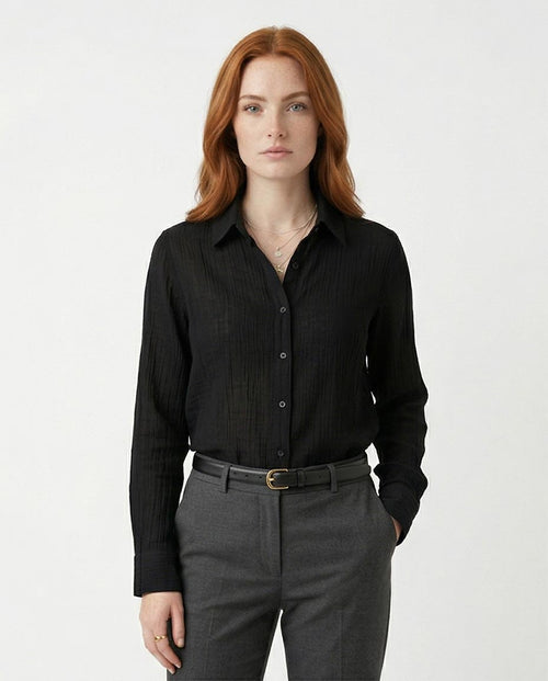 Ravin The Estate Collection | Raw Weave Textured Women Shirt in Noir Black- R217300