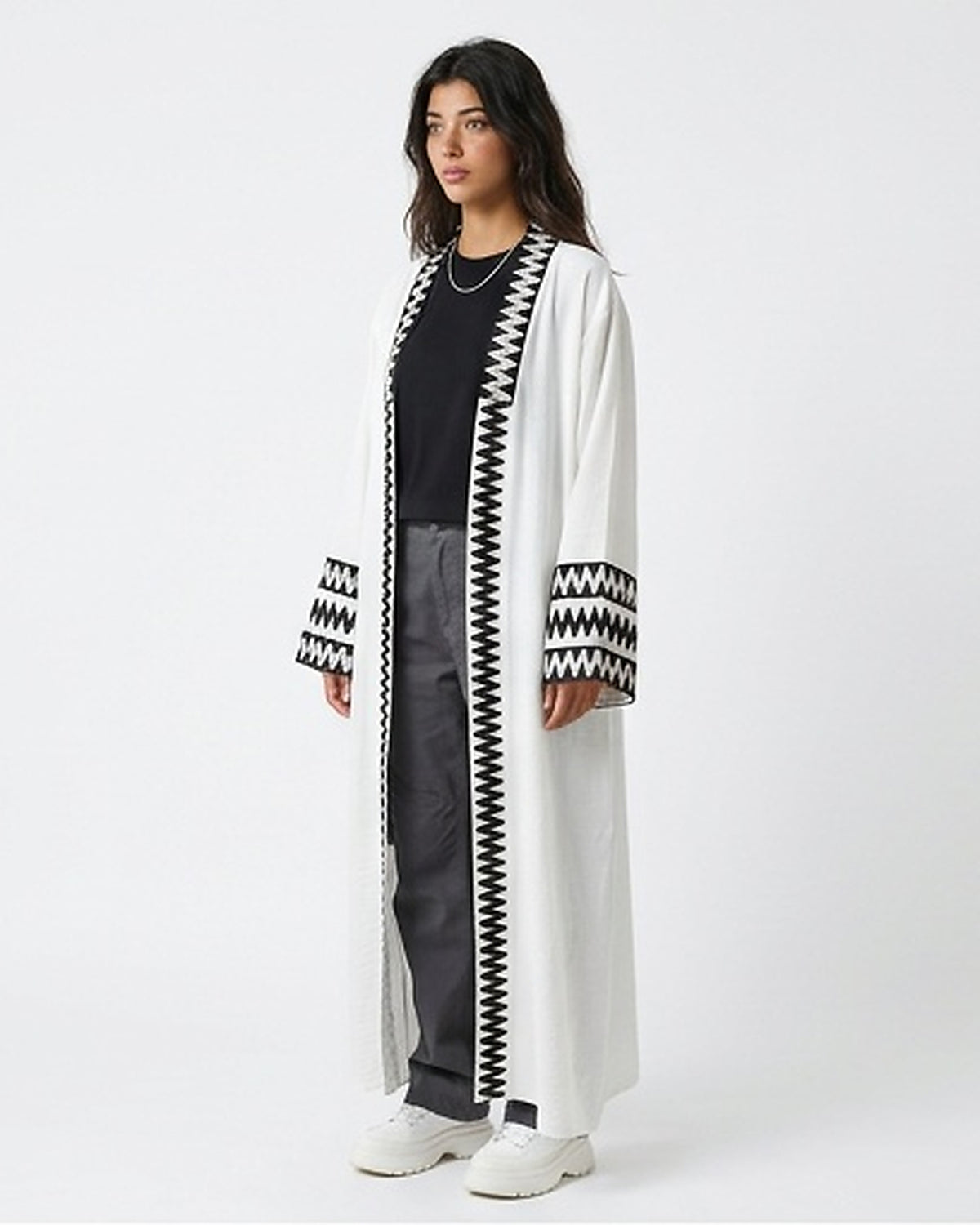 White Longline Open-Front Cardigan with Black Zigzag Embroidery - R217388
