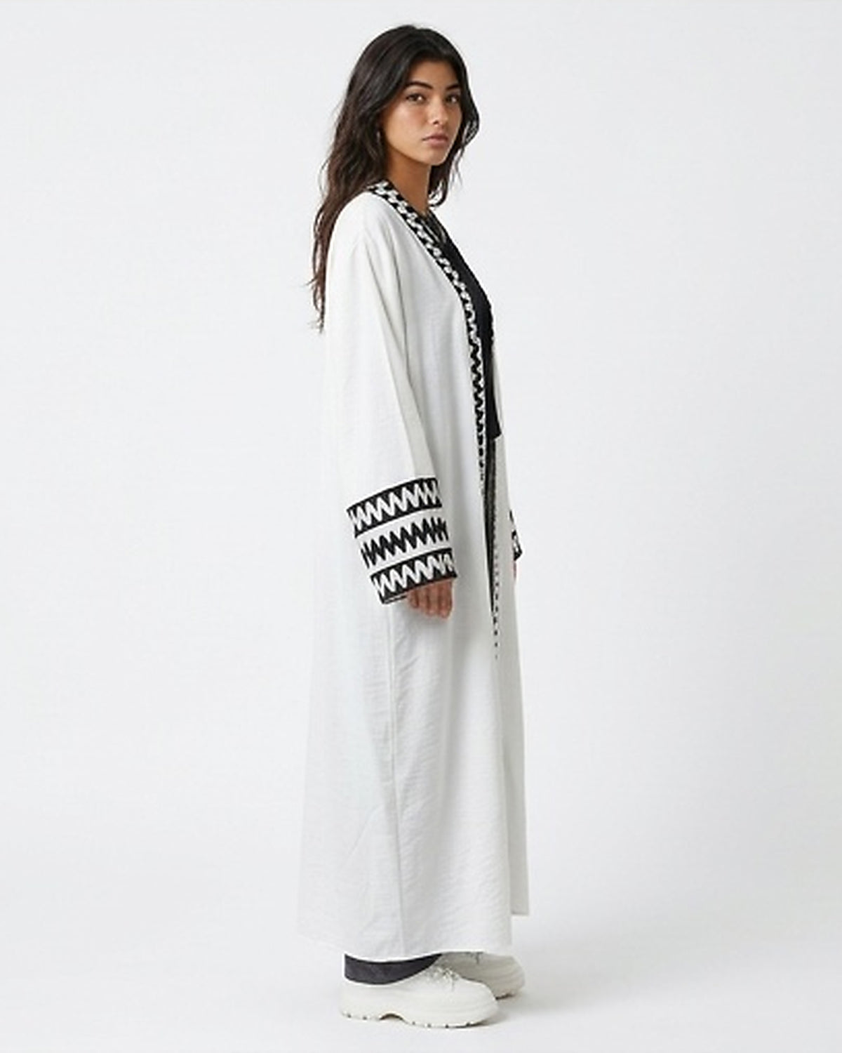 White Longline Open-Front Cardigan with Black Zigzag Embroidery - R217388