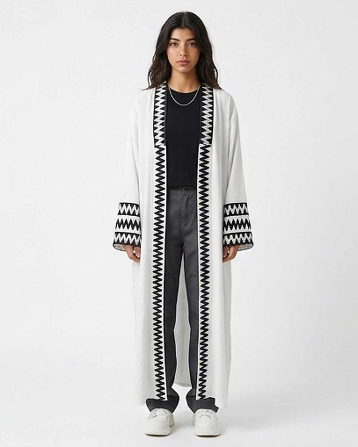 White Longline Open-Front Cardigan with Black Zigzag Embroidery - R217388