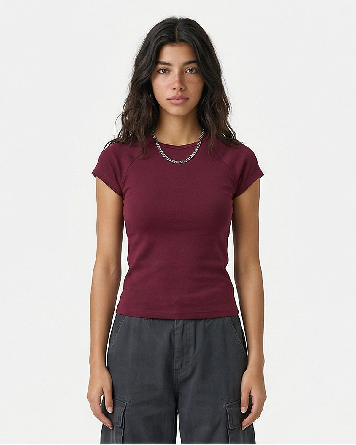 Burgundy Raglan Slim Fit Ribbed Baby Tee - R217417