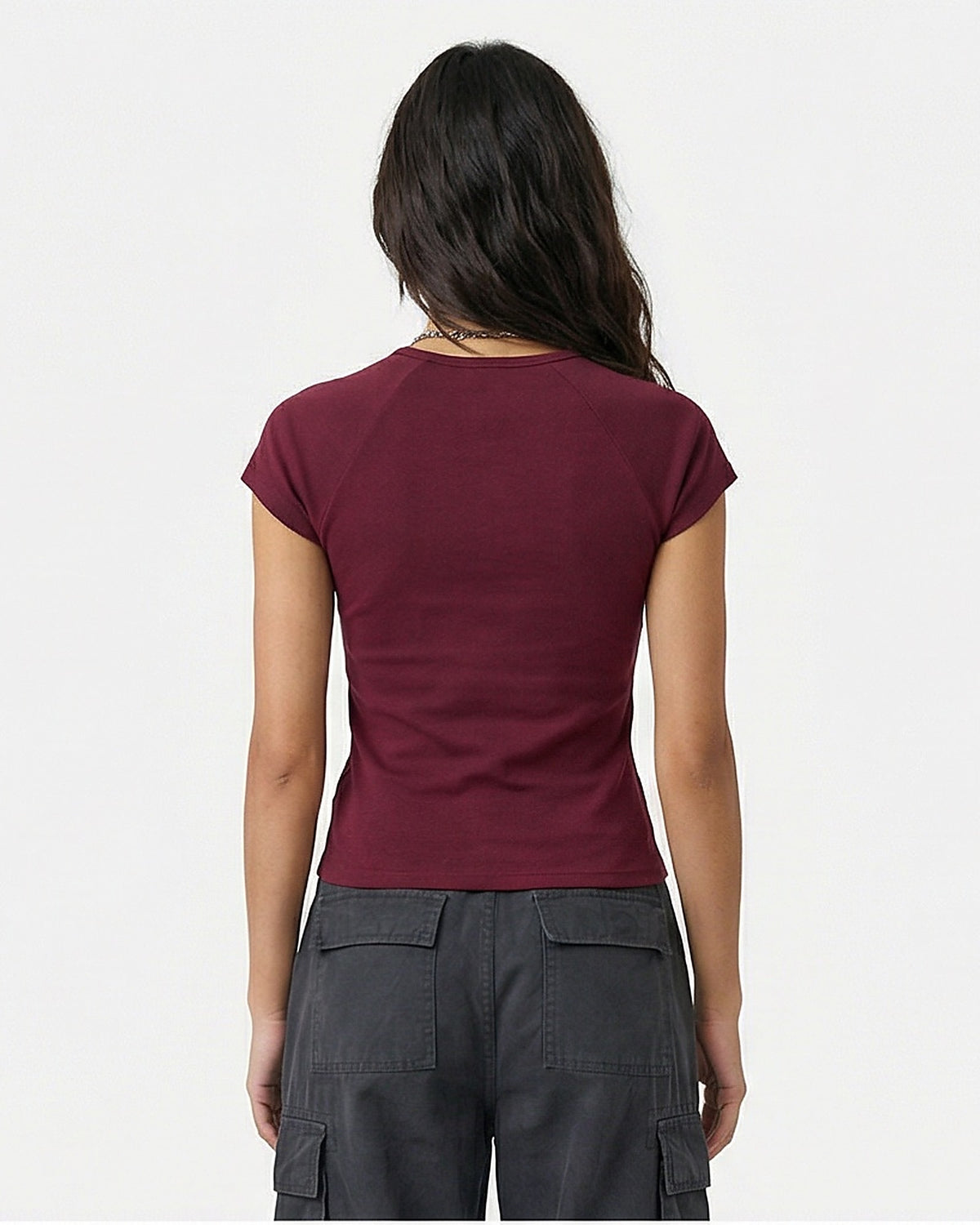 Burgundy Raglan Slim Fit Ribbed Baby Tee - R217417