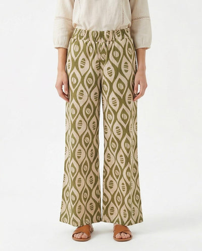 Ravin Olive Geometric Ikat Wide-Leg Trousers – Modern Boho Elastic Waist Pants - R217467