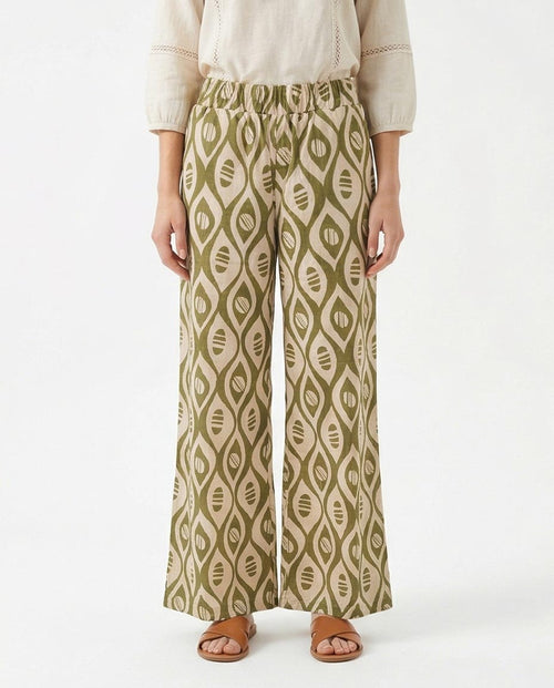 Ravin Olive Geometric Ikat Wide-Leg Trousers – Modern Boho Elastic Waist Pants - R217467