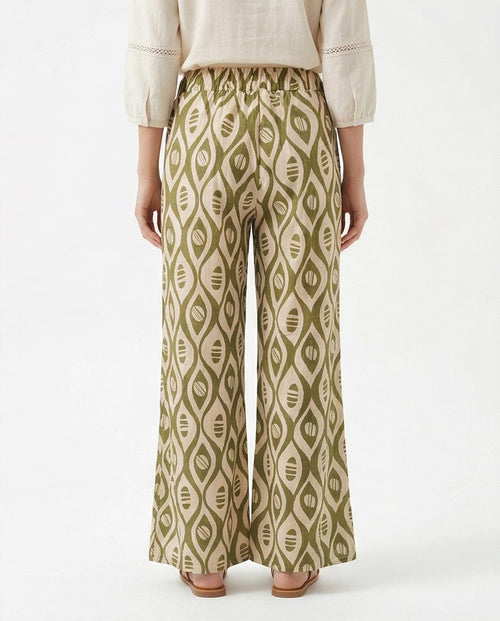 Ravin Olive Geometric Ikat Wide-Leg Trousers – Modern Boho Elastic Waist Pants - R217467