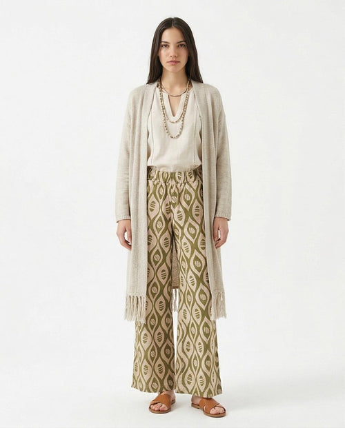 Ravin Olive Geometric Ikat Wide-Leg Trousers – Modern Boho Elastic Waist Pants - R217467
