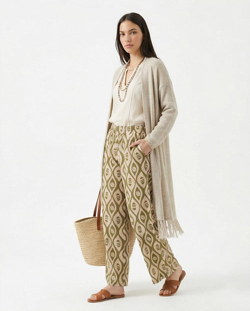 Ravin Olive Geometric Ikat Wide-Leg Trousers – Modern Boho Elastic Waist Pants - R217467