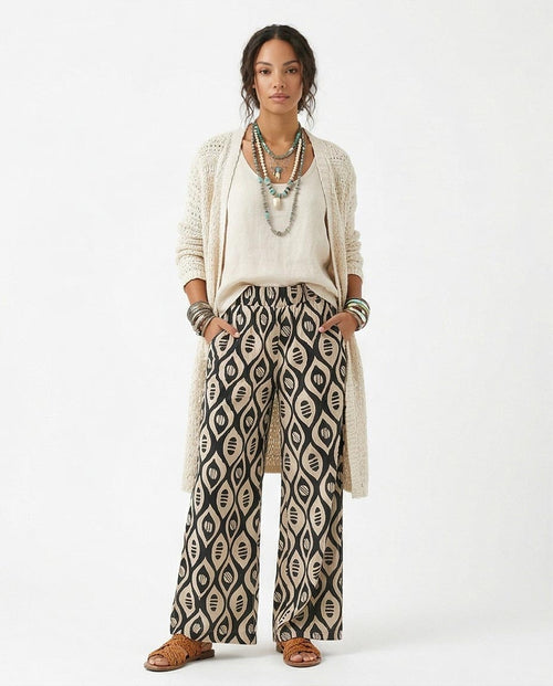 Ravin Wide-Leg Geometric Print Trousers in Black & Cream - R217468