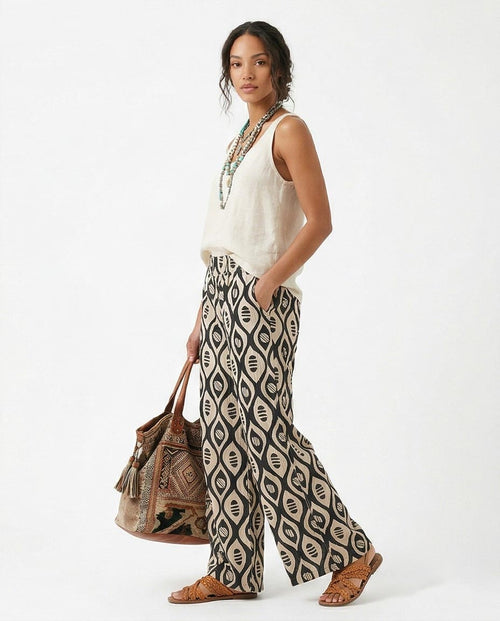 Ravin Wide-Leg Geometric Print Trousers in Black & Cream - R217468