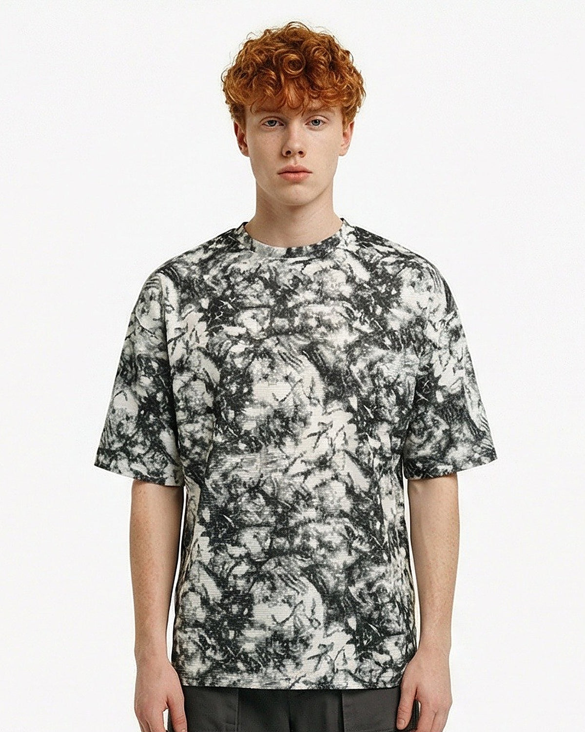 Grey Marbled Abstract Print Oversized T-Shirt - R217492