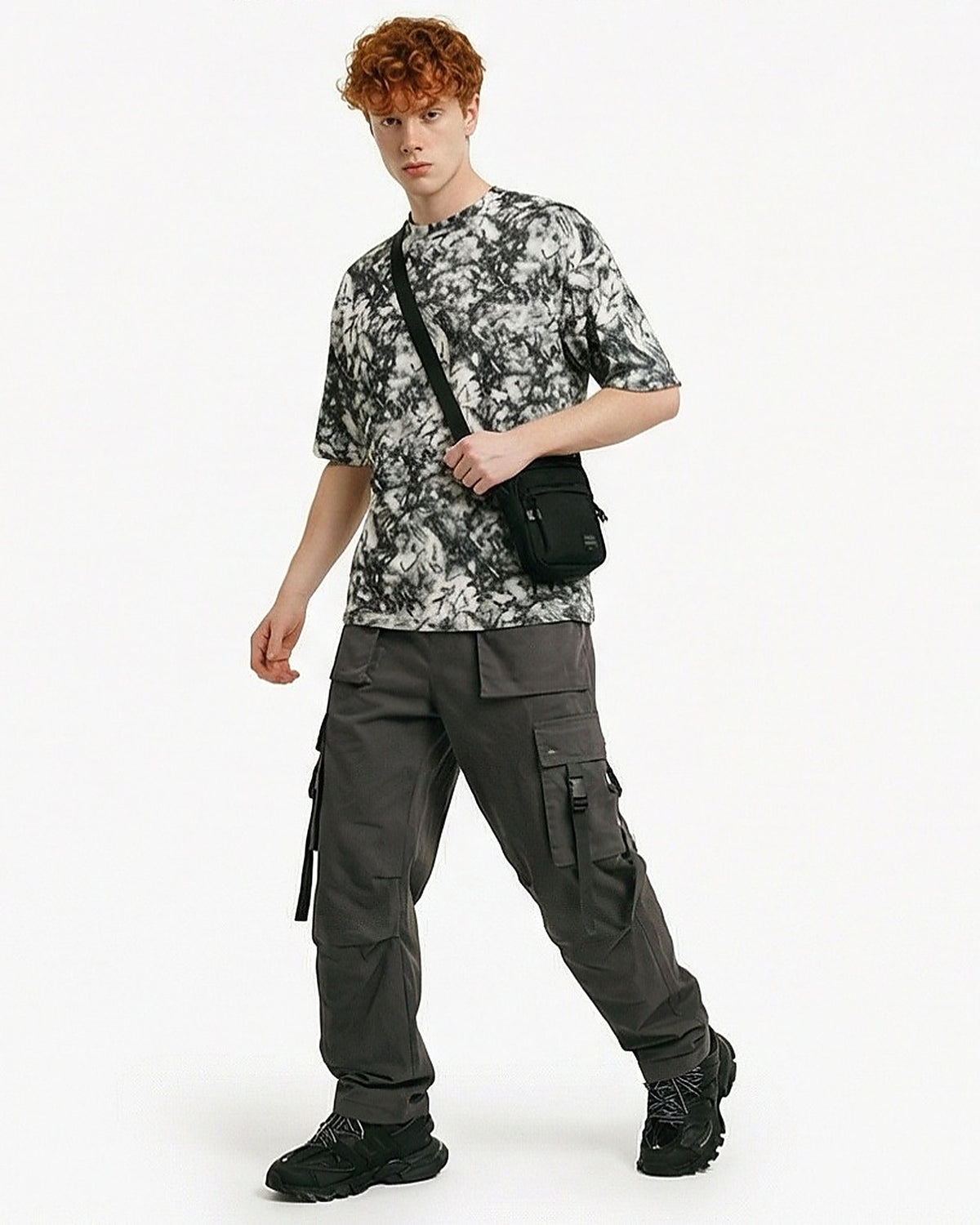 Grey Marbled Abstract Print Oversized T-Shirt - R217492