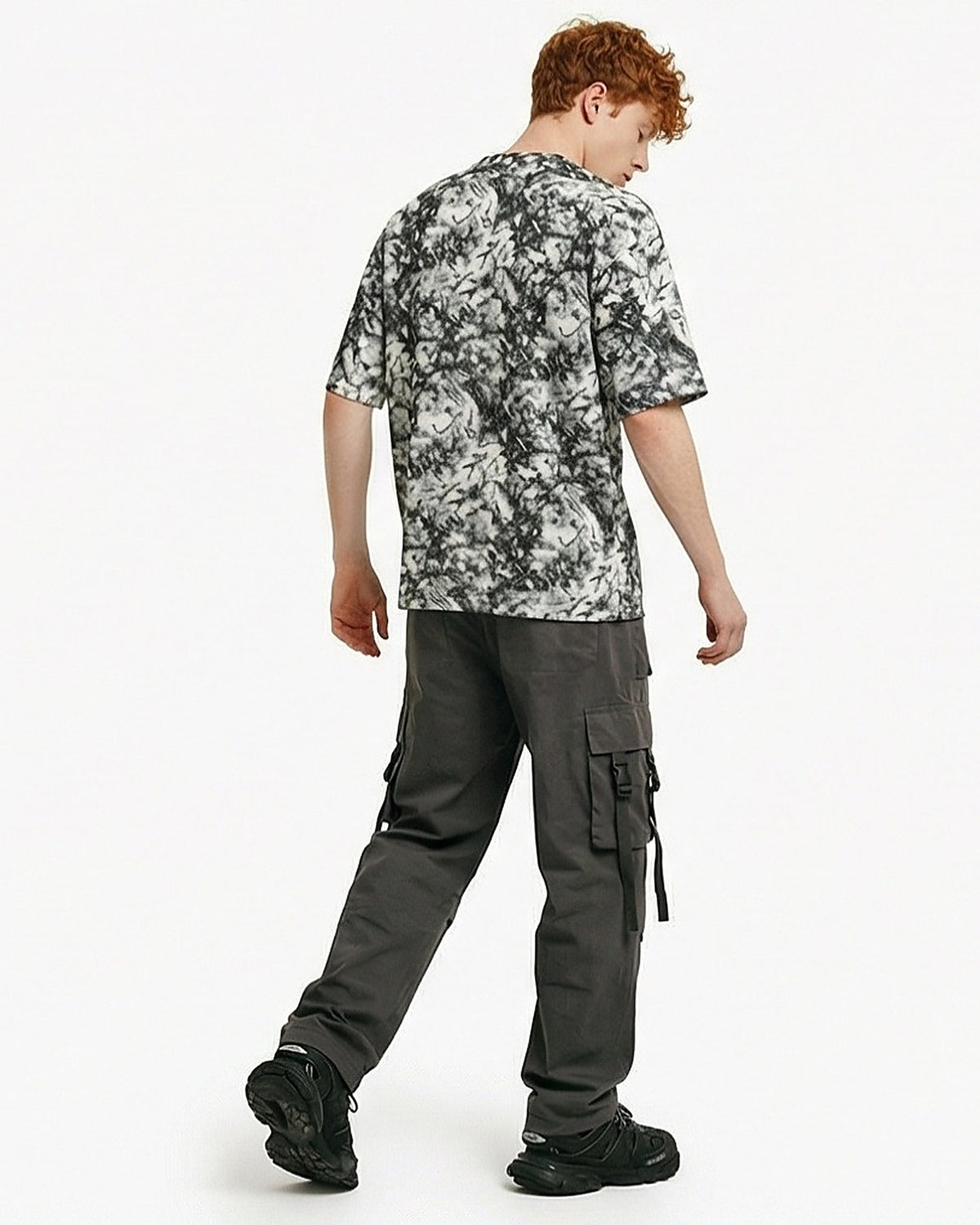 Grey Marbled Abstract Print Oversized T-Shirt - R217492