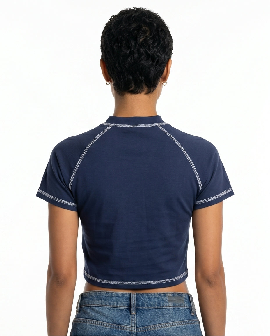 Navy Graphic Print Cropped Raglan Tee - R217870
