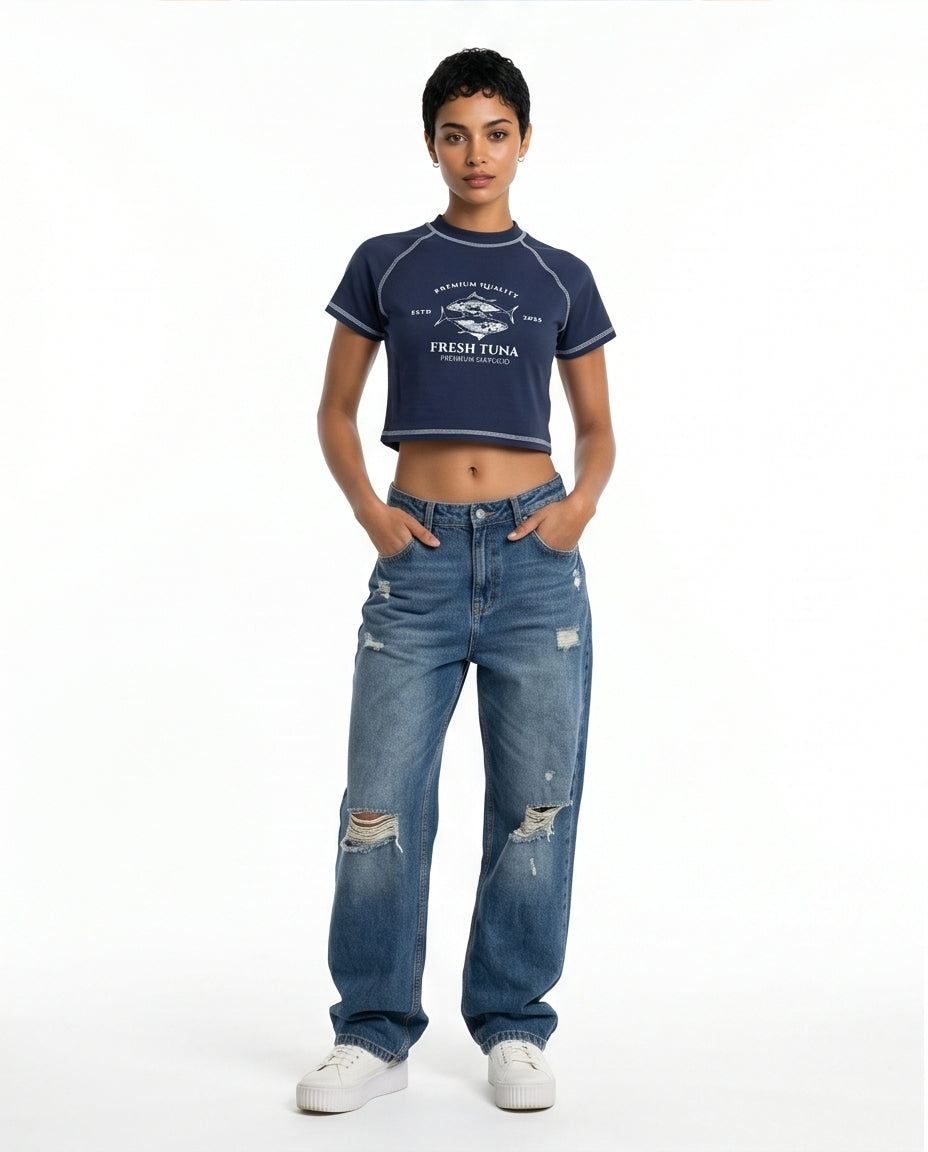 Navy Graphic Print Cropped Raglan Tee - R217870