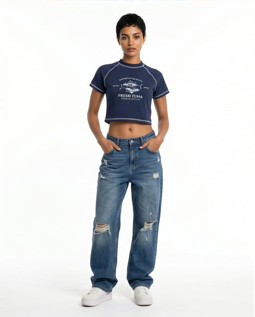 Navy Graphic Print Cropped Raglan Tee - R217870