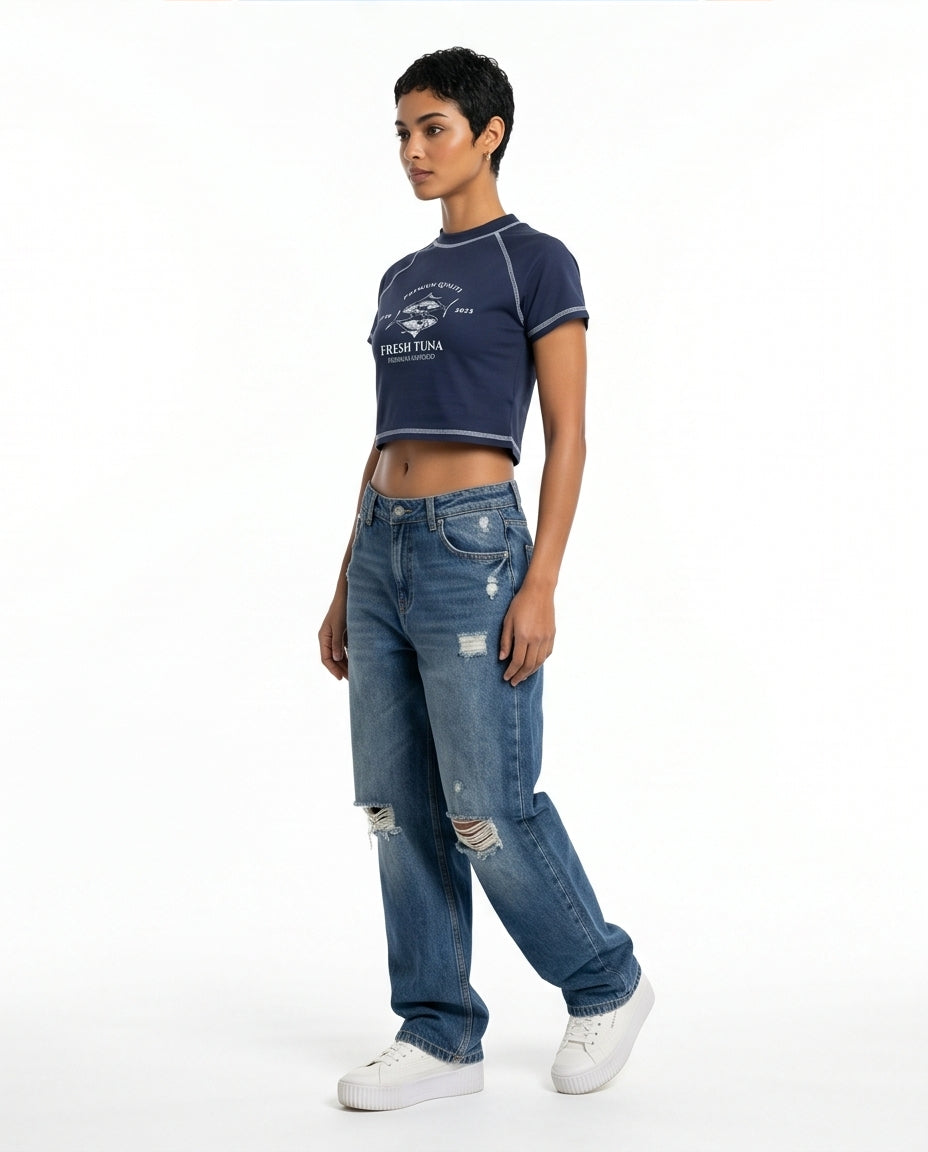 Navy Graphic Print Cropped Raglan Tee - R217870