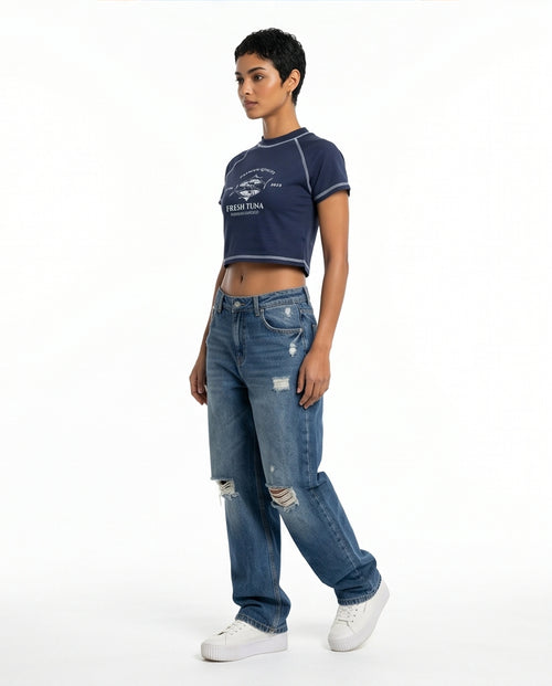 Navy Graphic Print Cropped Raglan Tee - R217870