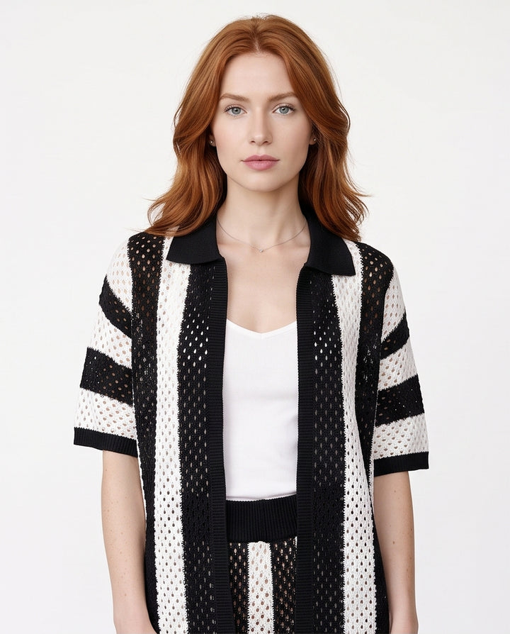 Black and White Striped Oversized Knit Cardigan - R220299
