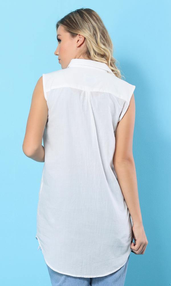 12454 Sleeveless Front Pocket Basic White Shirt - Ravin 