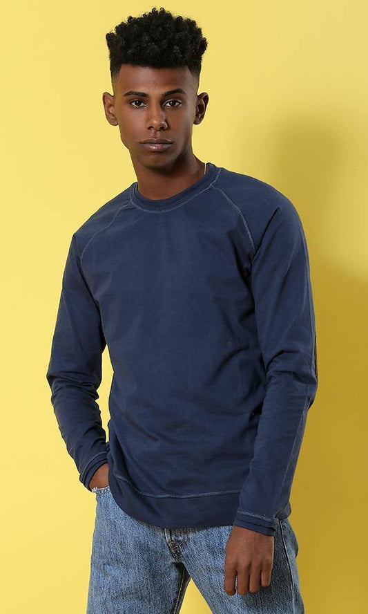 12755 Basic Round Neck Navy Blue Patch Sleeves Sweatshirt - Ravin 