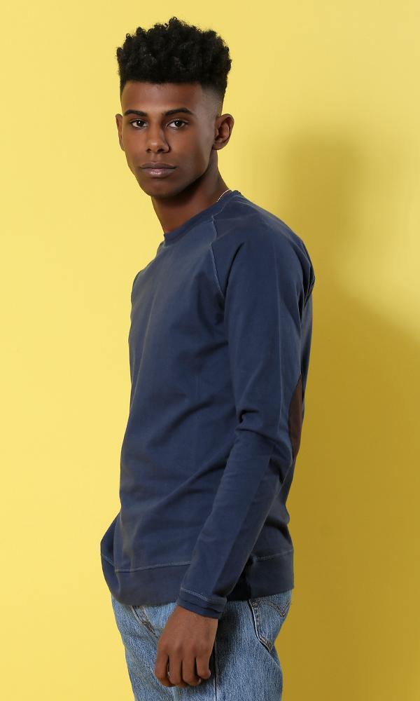 12755 Basic Round Neck Navy Blue Patch Sleeves Sweatshirt - Ravin 